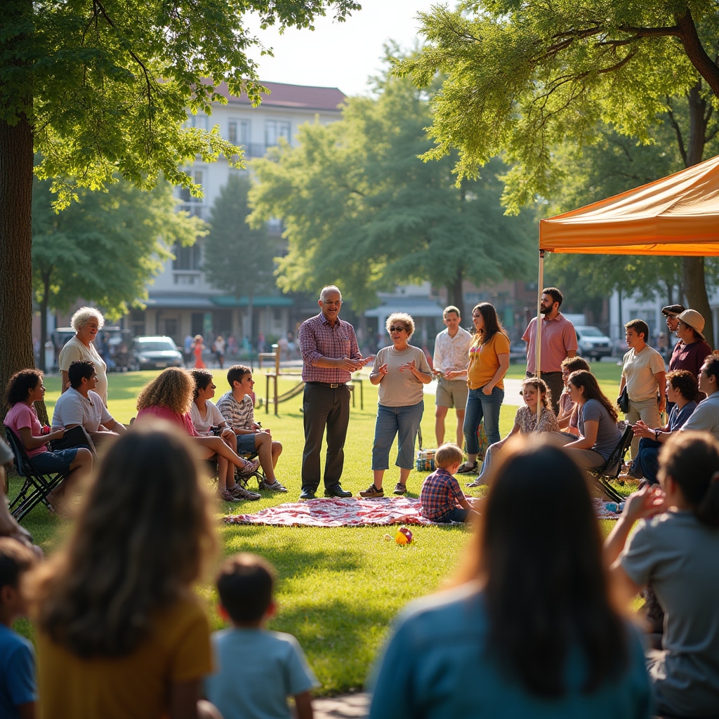 Vibrant community gathering with residents of all ages participating in neighborhood development discussion