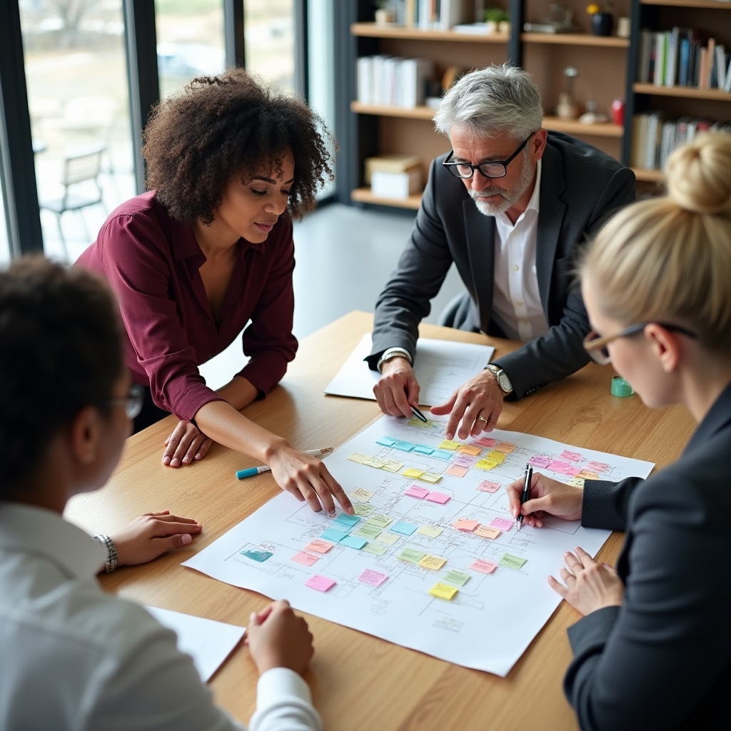 Team collaborating on stakeholder analysis and engagement strategy planning