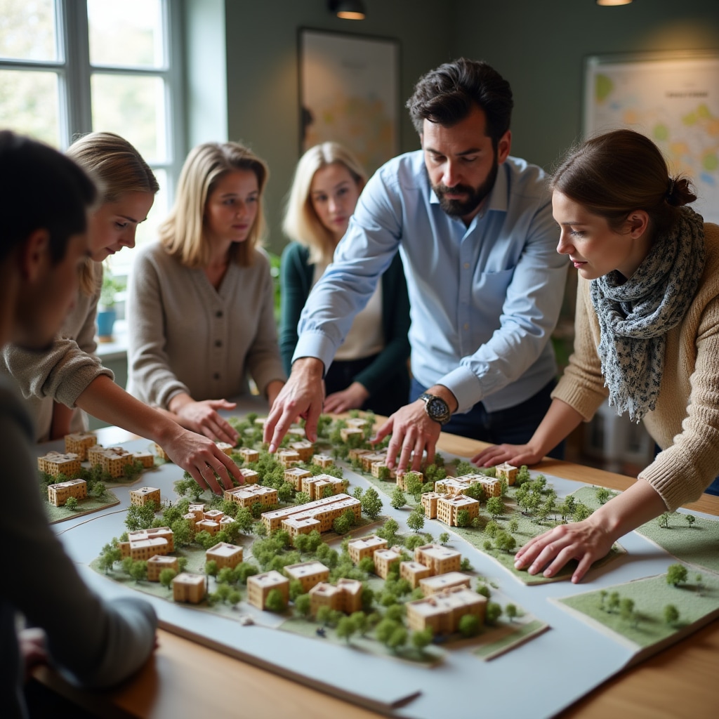 Community members and planners reviewing detailed urban development model together